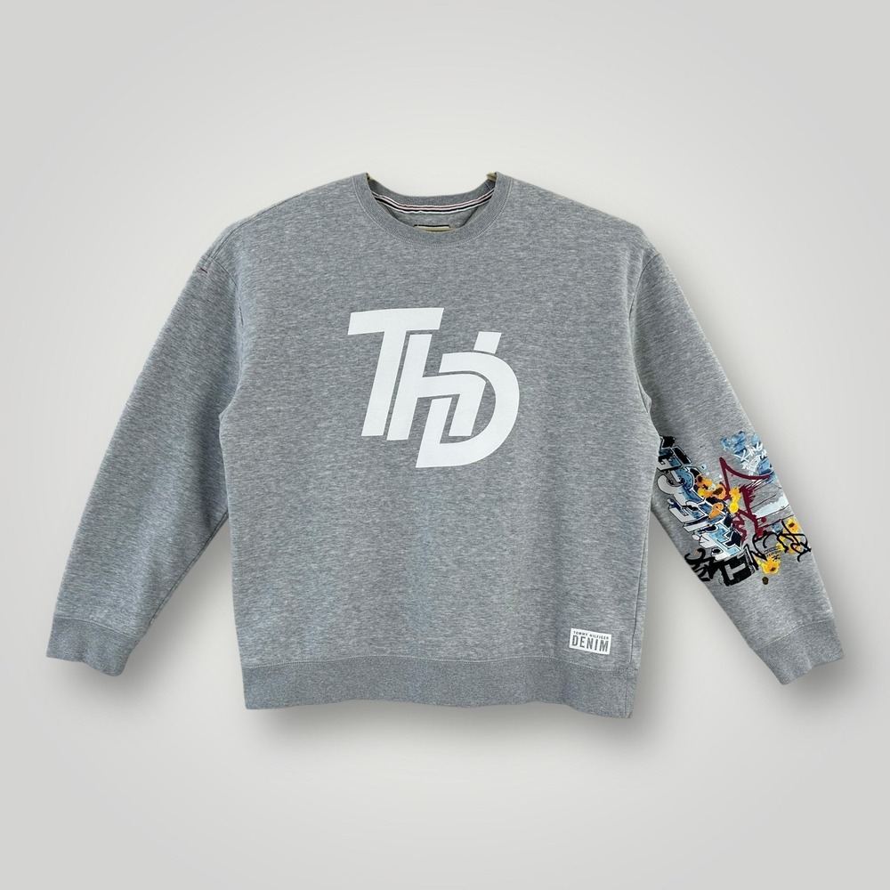 Tommy Hilfiger‎ Denim Sweatshirt Mens XL Gray Graffiti Sleeve THD Logo Crewneck